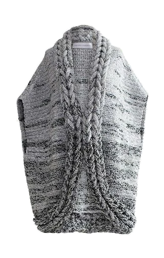Transparent cutout of a grey sleeveless cable-knit vest