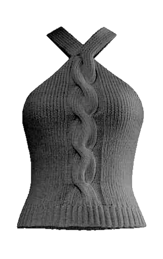 Transparent cutout of a white halter knit top with central cable